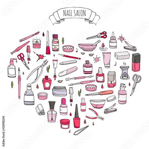 Hand drawn doodle Nail salon icons set. Vector illustration. Manicure accessories collection. Cartoon various sketch pedicure tools elements: polish, bottle, brush, varnish, scissors, lotion, cream