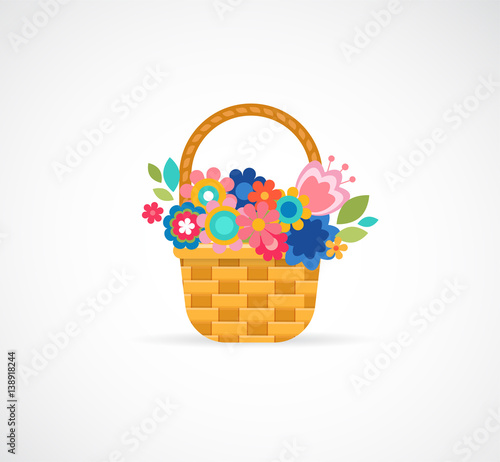 Happy Easter greeting card, basket with flowers and eggs, poster, bunner, illustration