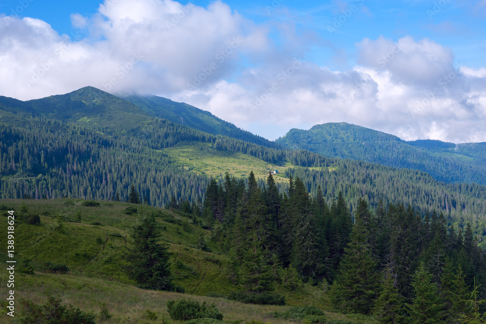 Fototapeta premium Clouds floating over green hills