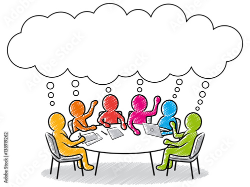 Farbige Strichmännchen: Team-Besprechung am runden Tisch mit gemeinsamem Brainstorming photo