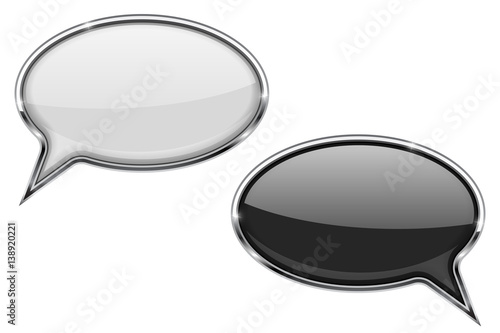 Round speech bubbles. Black and white communication signs with chrome frame