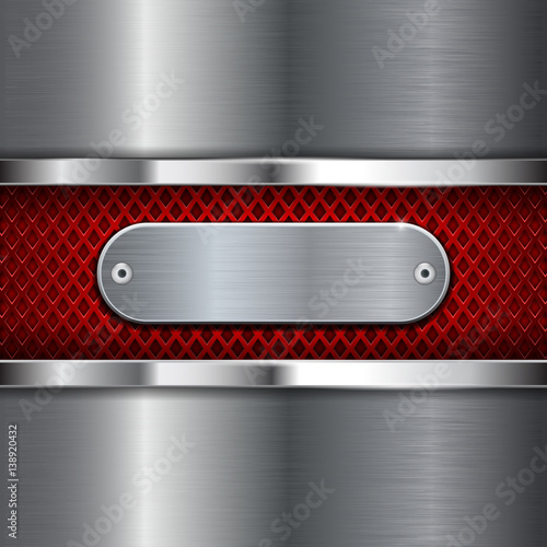 Metal stainless steel background with red perforation. Diamond shape holes