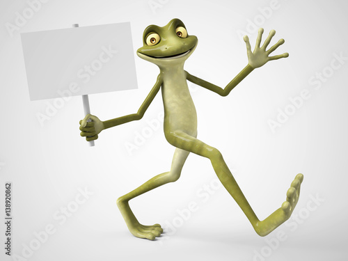 3D rendering of cartoon frog holding blank sign.