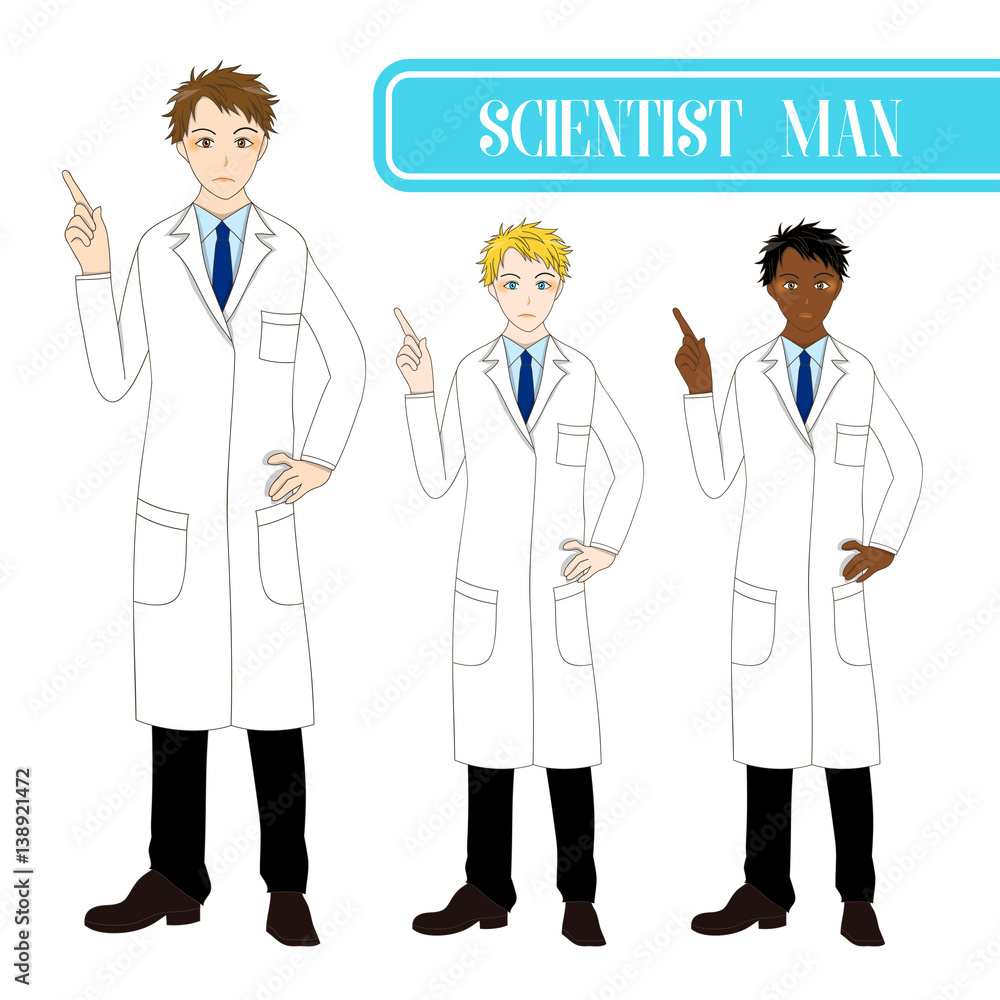 Set Handsome Scientist Man Pointing Up with Serious Face. Medical Staff Male. Set Handsome Scientist Man Pointing Up with Serious Face. Medical Staff Male.