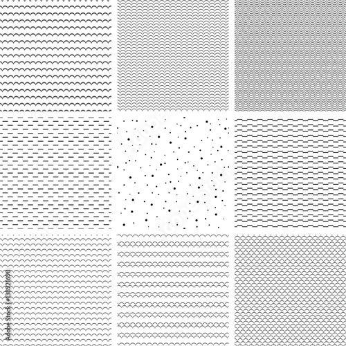 Set of geometric line monochrome abstract seamless pattern with wave, strip and dot