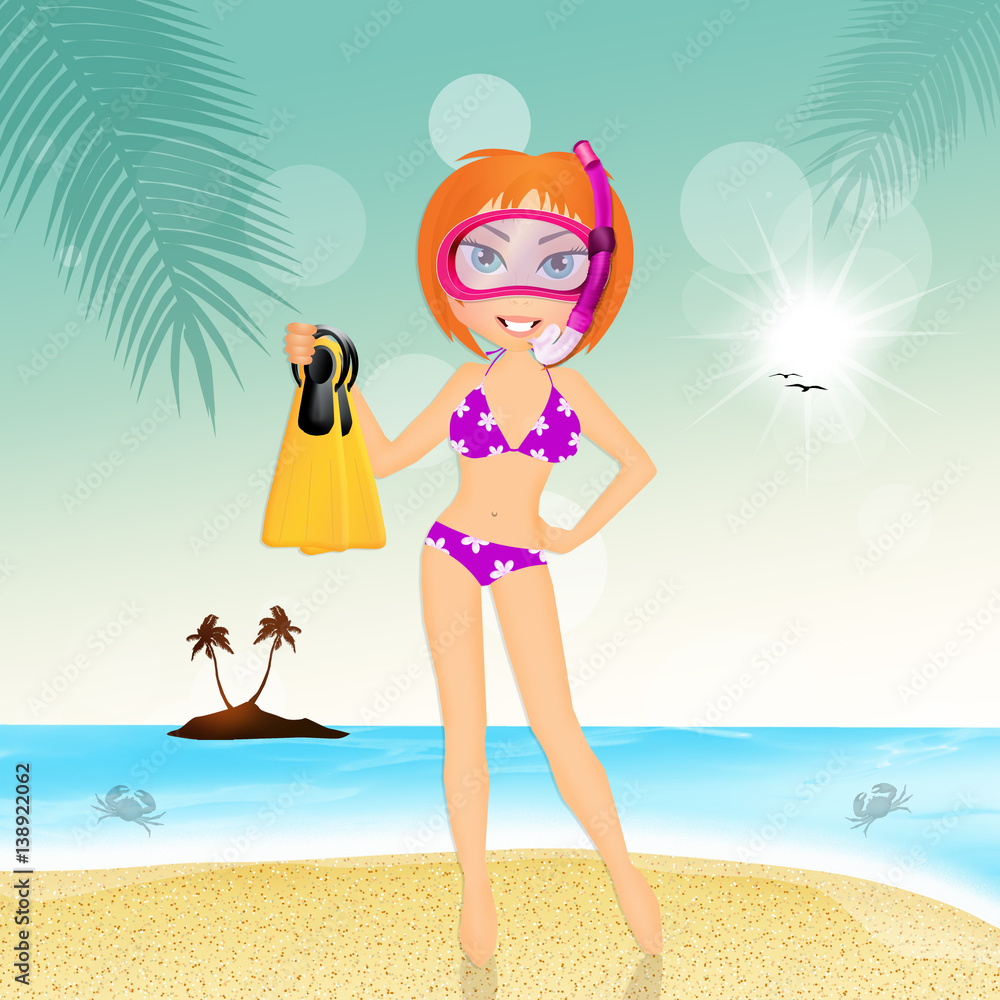 girl with scuba mask and fins
