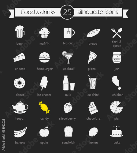 Food and drinks chalk icons set