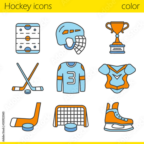 Hockey equipment color icons set