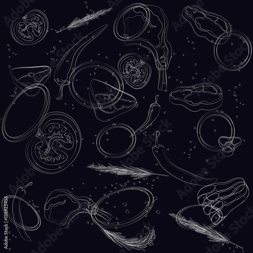 vector steak meat hand drawing with pepper and rosemary. typographic vector barbecue seamless pattern or background