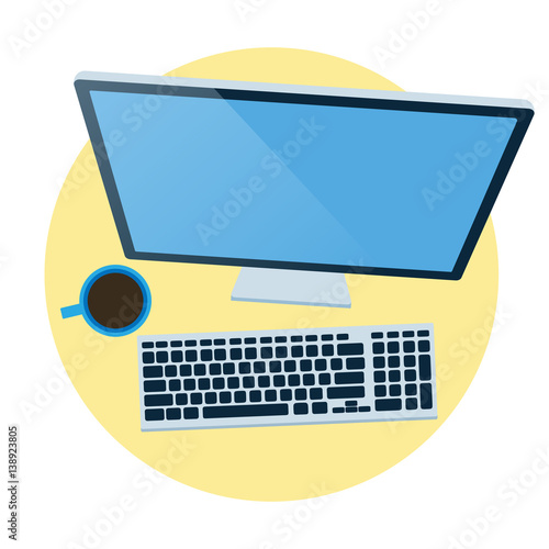 Flat design modern vector icon concept of creative office workspace, workplace. Top view of desk background with laptop, digital devices, office objects, books and documents with long shadows.