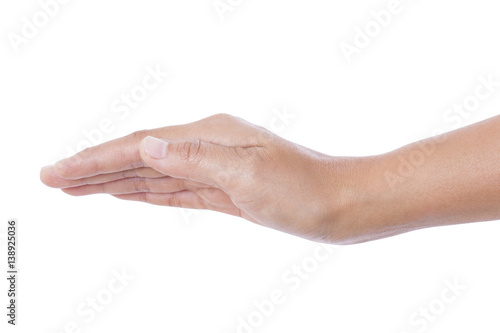 Open a woman's hand, palm up on white background.