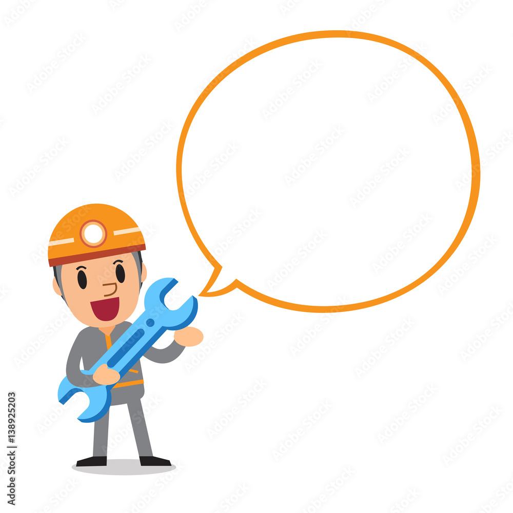 Cartoon a technician character with white speech bubble Cartoon a technician character with white speech bubble