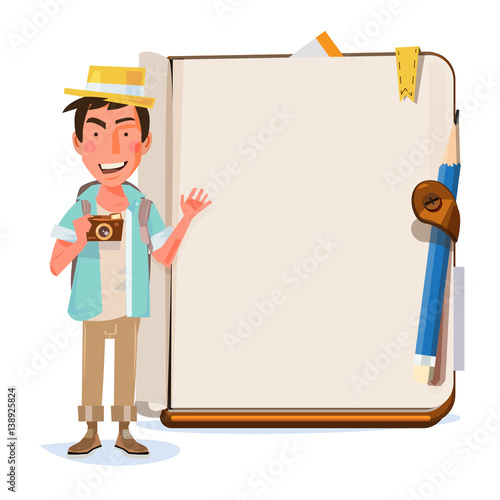 Tourist girl presenting something ove blank notebook. character design. travel and presenatation concept - vector