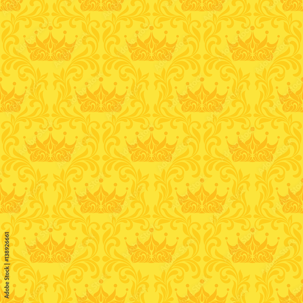 Royal Seamless Pattern. Crown and floral vintage tracery on a yellow  background. Stock Vector | Adobe Stock