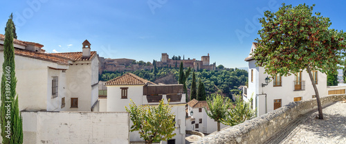 Panoramic view of the Alhambra. The Arabian quarter Albaicin and the view of the world famous Alhambra in Granada.