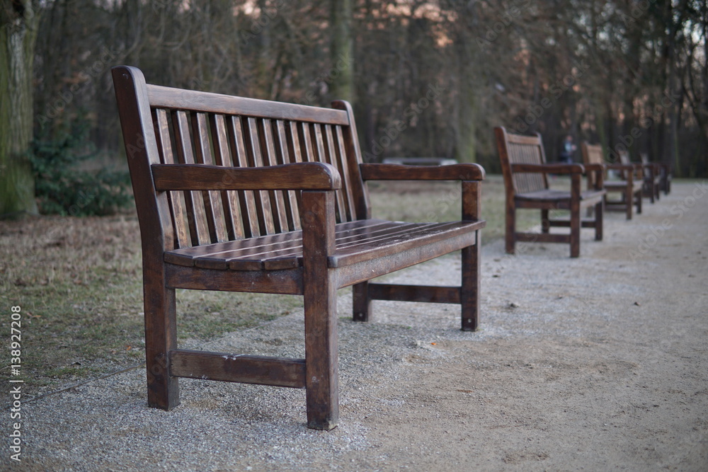 Row of wooden benches in park as a symbol of relaxing and having a rest 