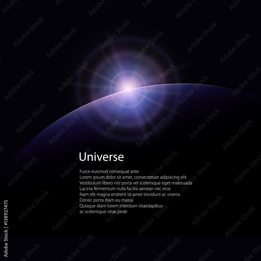 View from Space, Space Star Rises above the Planet, the Sun Rising over the Earth, Rays and Glare over the Planet Earth , Poster Brochure Flyer Design, Vector Illustration View from Space, Space Star Rises above the Planet, the Sun Rising over the Earth, Rays and Glare over the Planet Earth , Poster Brochure Flyer Design, Vector Illustration