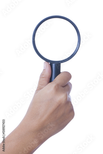 hand holding the magnifying glass on white background