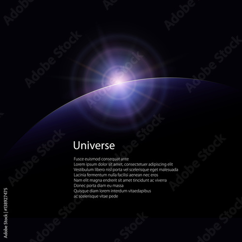 View from Space, Space Star Rises above the Planet, the Sun Rising over the Earth, Rays and Glare over the Planet Earth , Poster Brochure Flyer Design, Vector Illustration