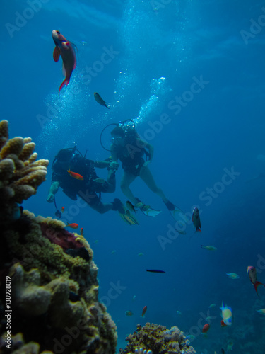 Underwater shoot of a couple diving with scuba near reef and fishes