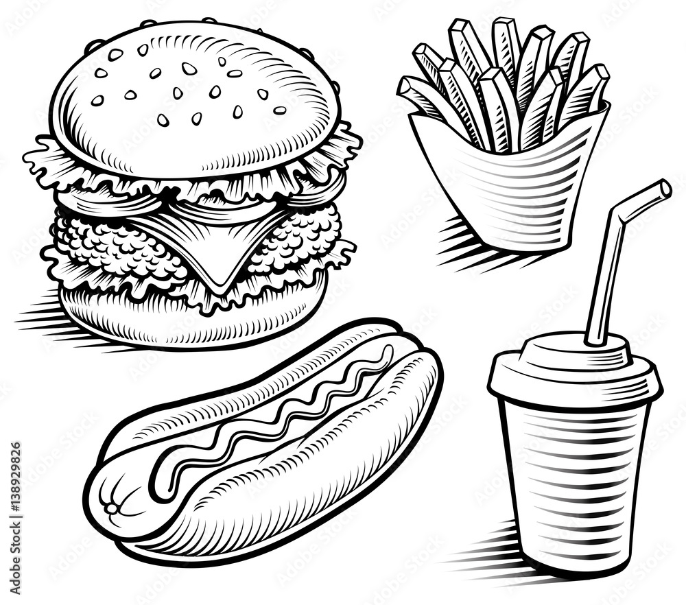 Junk Food, Drawing, Doodle, Hamburger, Cartoon, Coloring Book, Fast Food,  Dessert transparent background PNG clipart | HiClipart