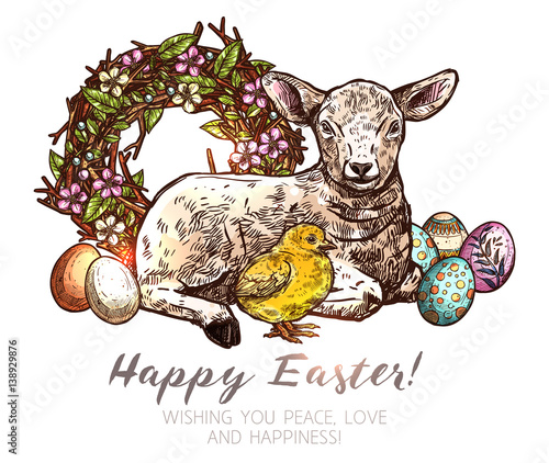 Sketch Happy Easter Color Illustration With Baby Sheep, Branches Wreath, Chicken And Easter Eggs. Hand Drawn Greeting Card