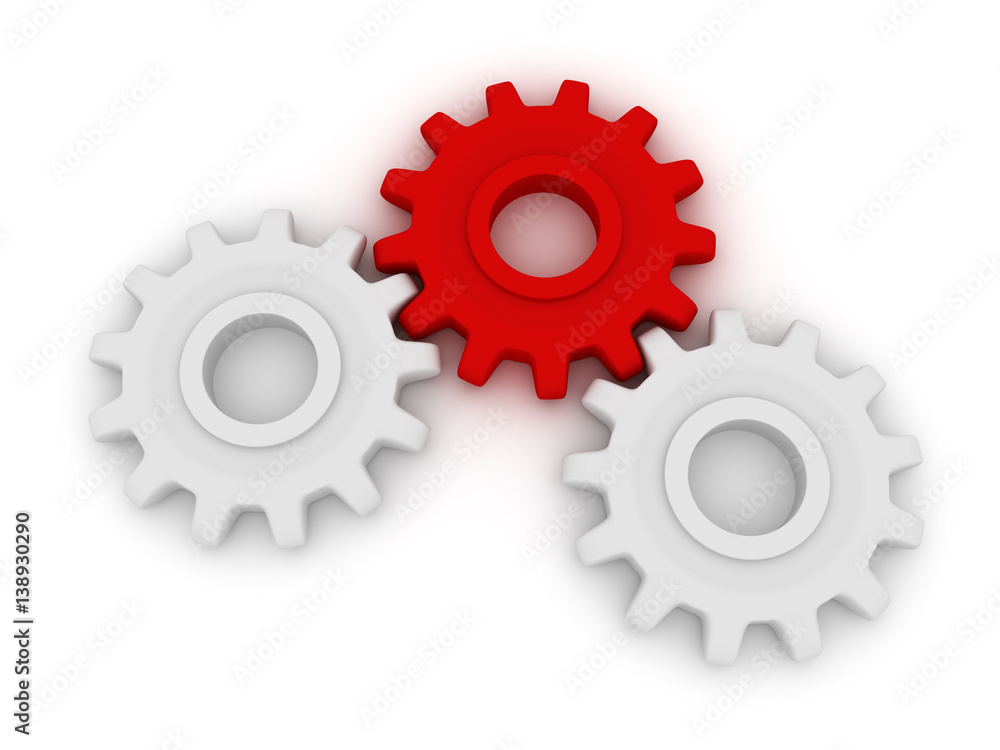 3d Heart of the mechanism. Two white and one red gears lie. 3d Heart of the mechanism. Two white and one red gears lie.