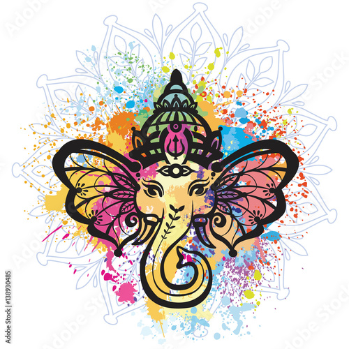 Hindu Lord Ganesha over mandala pattern
