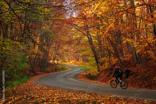 Man riding a bike on a curved road in autumn scenery