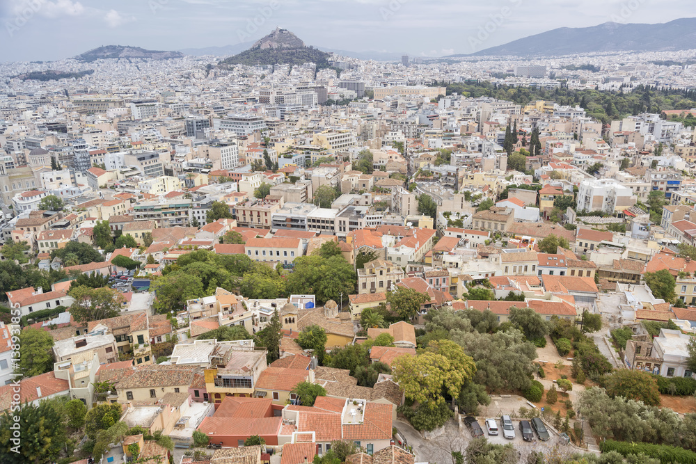 Cityscape of Athens from the hilltop near Parthenon, Acropolis of Athens, Greece.