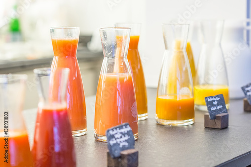 Bottles of Fresh Juices at Buffet Restaurant, Buffet Brunch Food Eating Festive Cafe Dining Concept