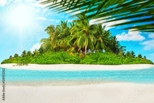Fototapeta Naklejka Na Ścianę i Meble -  Whole tropical island within atoll in Indian Ocean and blank  sand on a tropical island.