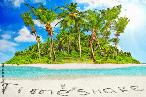 Whole tropical island within atoll in tropical Ocean and inscription  TimeShare  in the sand on a tropical island   Maldives.
