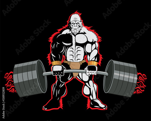 Bodybuilders Are Bigger. This Is Powerlifting. Powerlifting Training. Bodybuilder Ape Mascot Character With A Barbell In His Hands. Fight Brutal Theme. Powerlifter Poster. T-Shirt Design.
