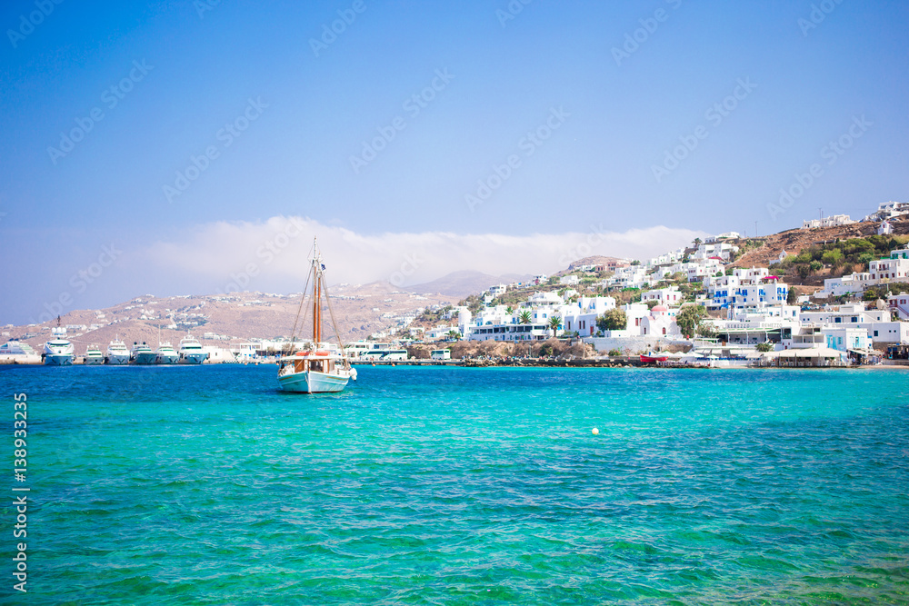 View of the Mykonos town harbor from the above hills in Mykonos, Cyclades, Greece