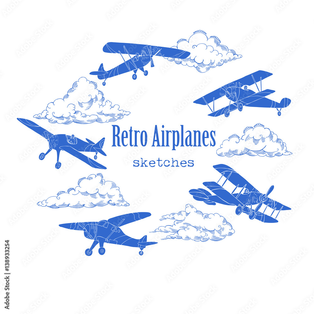 Background with Retro Airplanes and Clouds
