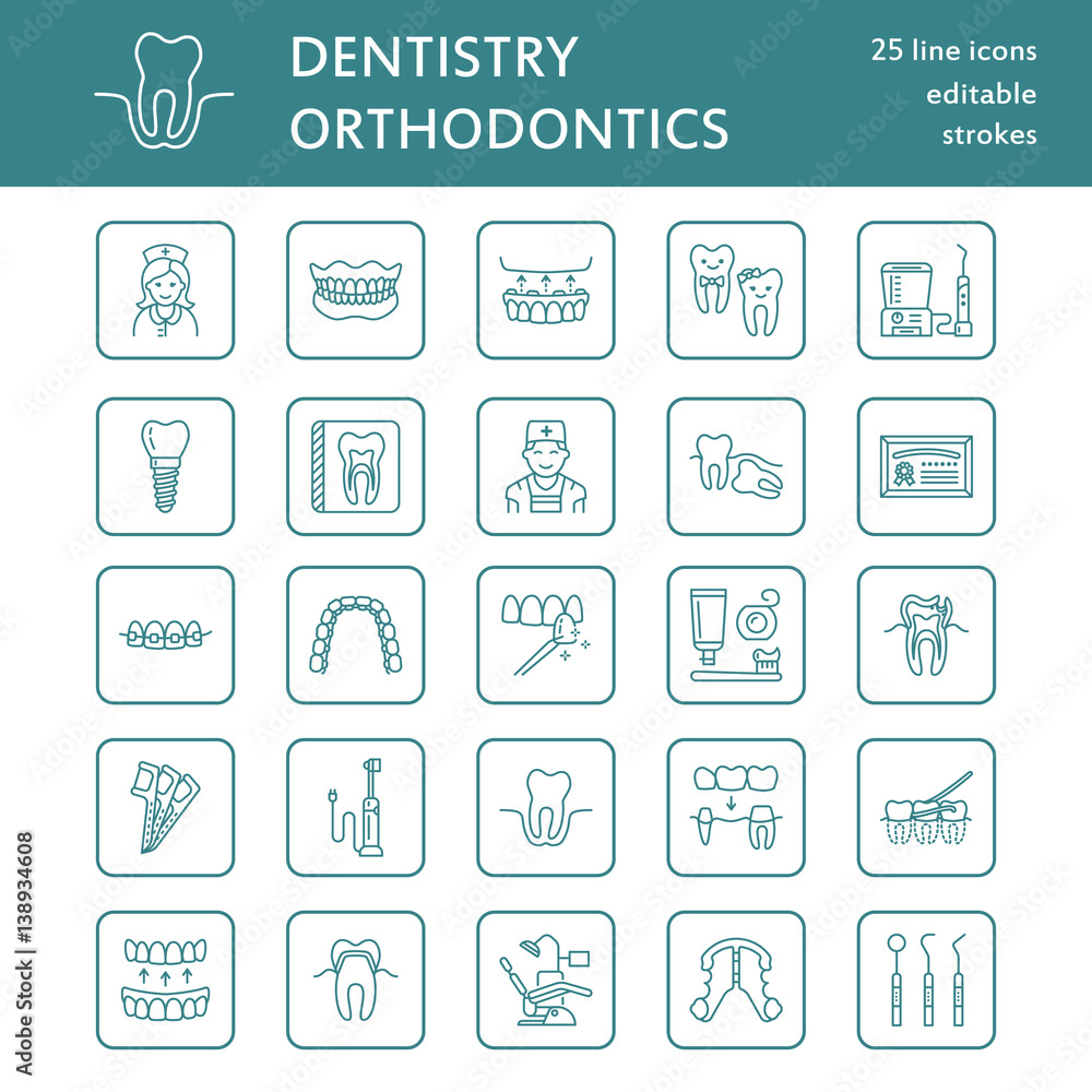 Dentist, orthodontics line icons. Dental care equipment, braces, tooth prosthesis, veneers, floss, caries treatment and other medical elements. Health care thin linear signs for dentistry clinic. Dentist, orthodontics line icons. Dental care equipment, braces, tooth prosthesis, veneers, floss, caries treatment and other medical elements. Health care thin linear signs for dentistry clinic.