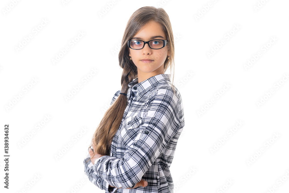 Beautiful schoolgirl in glasses, Intelligent girl. teen girl with long hair  in a school shirt on a white background,, Girl in glasses. Clever girl in  learning process Photos | Adobe Stock