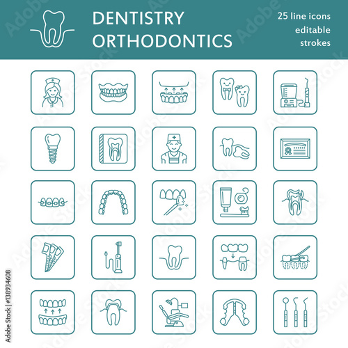 Dentist, orthodontics line icons. Dental care equipment, braces, tooth prosthesis, veneers, floss, caries treatment and other medical elements. Health care thin linear signs for dentistry clinic.