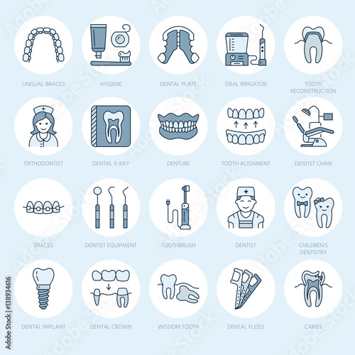 Dentist, orthodontics line icons. Dental care equipment, braces, tooth prosthesis, veneers, floss, caries treatment and other medical elements. Health care thin linear signs for dentistry clinic.