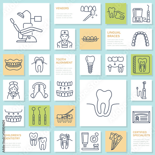Dentist, orthodontics line icons. Dental care equipment, braces, tooth prosthesis, veneers, floss, caries treatment and other medical elements. Health care thin linear signs for dentistry clinic.