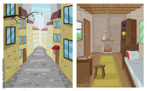 Digital vector abstract background set with a stone street and road between houses, urban, interior, flat triangle style