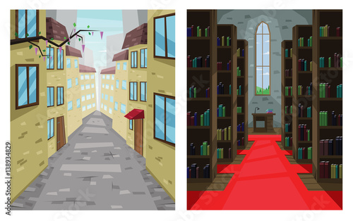 Digital vector abstract background set with a stone street and road between houses, urban, library, flat triangle style