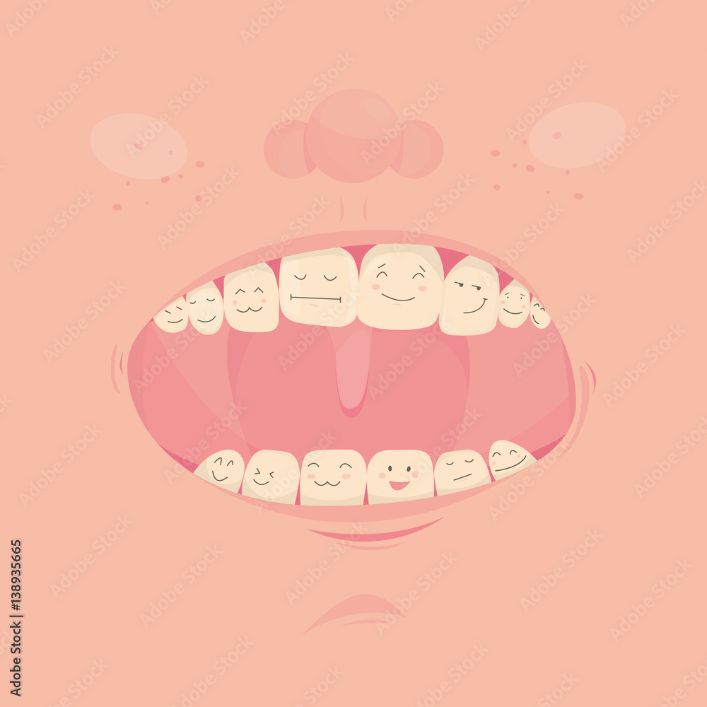 Modern vector illustration of open cute mouth with cartoon friendly teeth. Modern vector illustration of open cute mouth with cartoon friendly teeth.