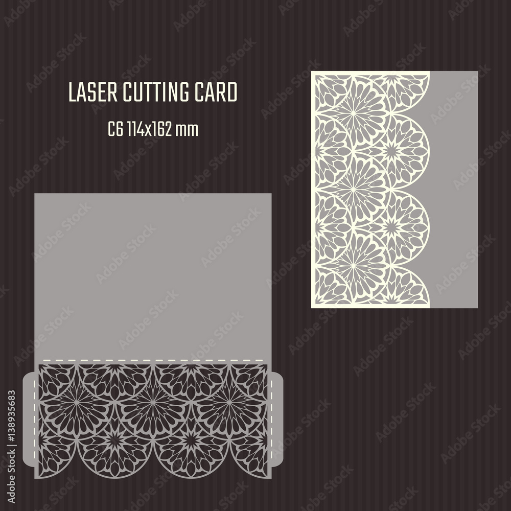 DIY laser cutting vector envelope. Wedding die cut invitation template. Cutout silhouette card. Scrapbook carved paperwork.