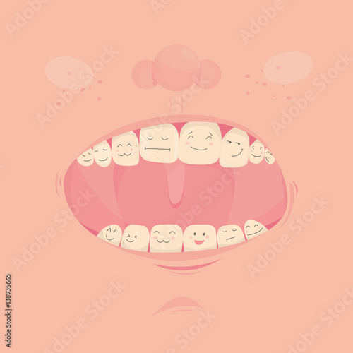 Modern vector illustration of open cute mouth with cartoon friendly teeth.