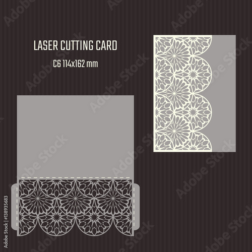 DIY laser cutting vector envelope. Wedding die cut invitation template. Cutout silhouette card. Scrapbook carved paperwork.