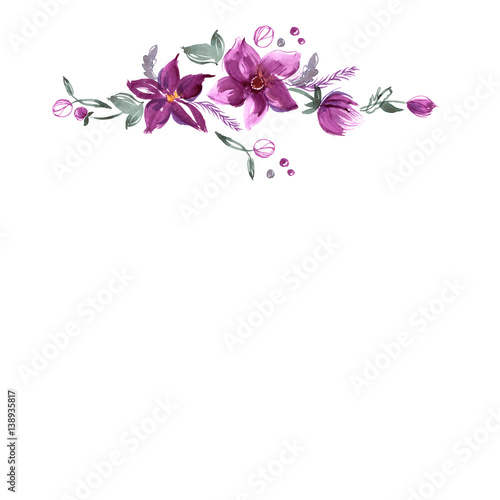 Cute watercolor flowers. Invitation. Wedding card. Birthday card.