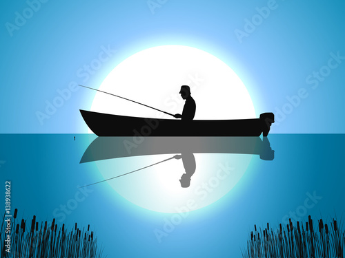 Vector background moon fisherman on boat fishes