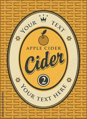 Cider label in a frame on the basket background with apple and crown